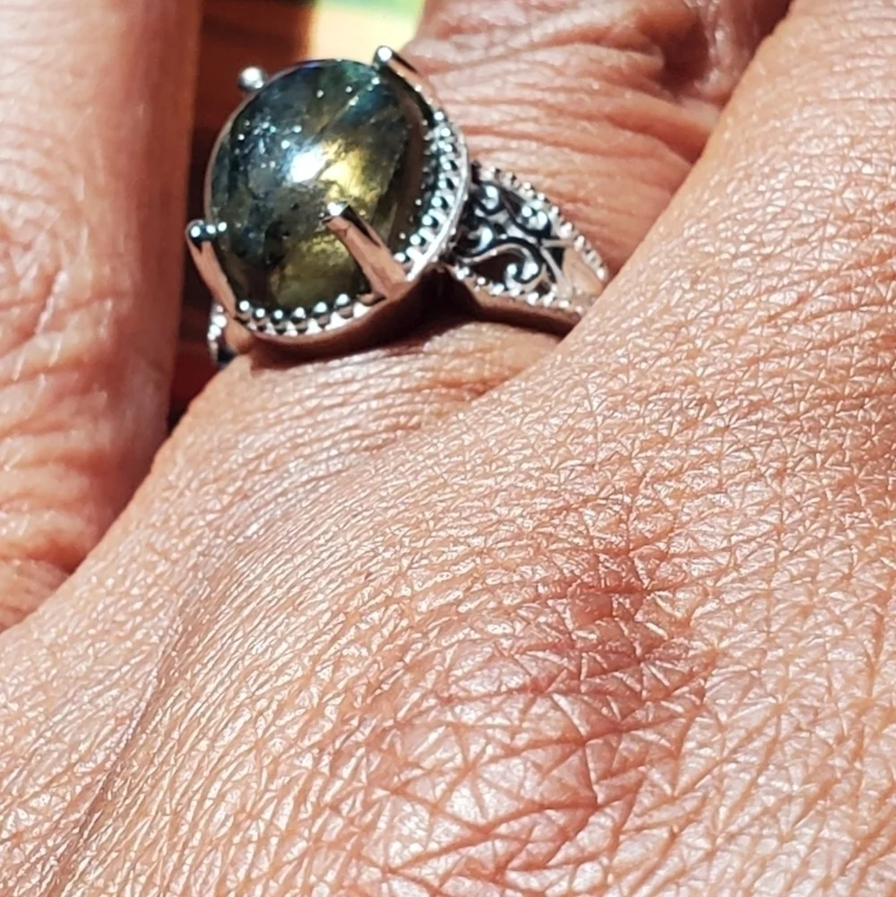Labradorite Oval Solitaire Ring Platinum Plated